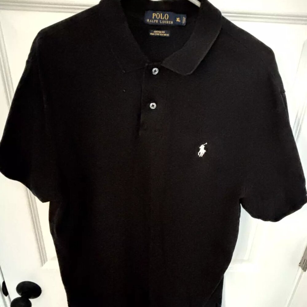 Ralph Lauren Black Polo Shirt Custom Fit Stretch Mesh - Size XL